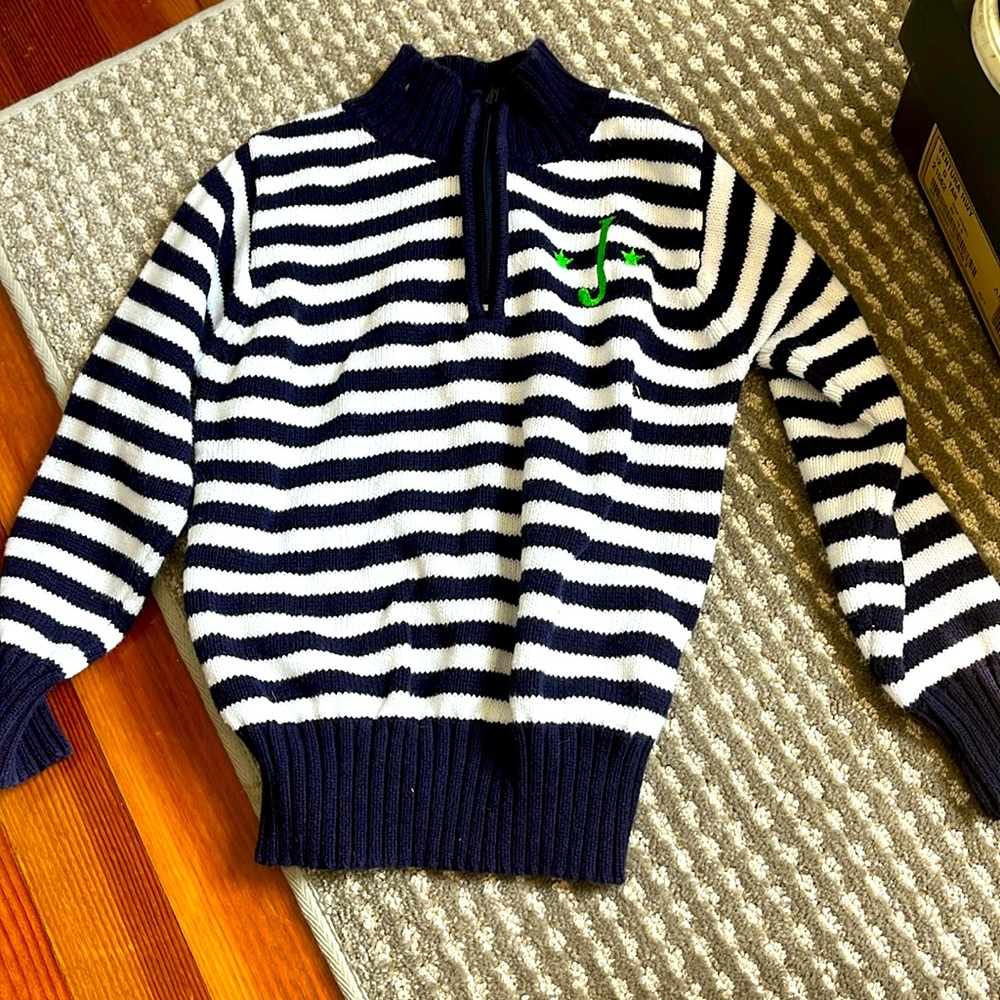 Quarter zip striped sweater. Navy white stripe. Green J  & star embroidery. 2T